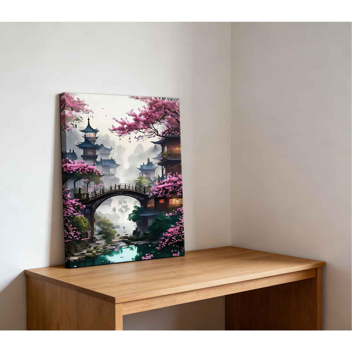 Large Eastern Zen Cherry Blossom Canvas Wall Art Japanese Ancient Architecture Decor Painting Picture Tokyo Anime Scene Posters Prints for Living room Hotel Bedroom Study Home Decoration (Japan / 36"L x 24"W)