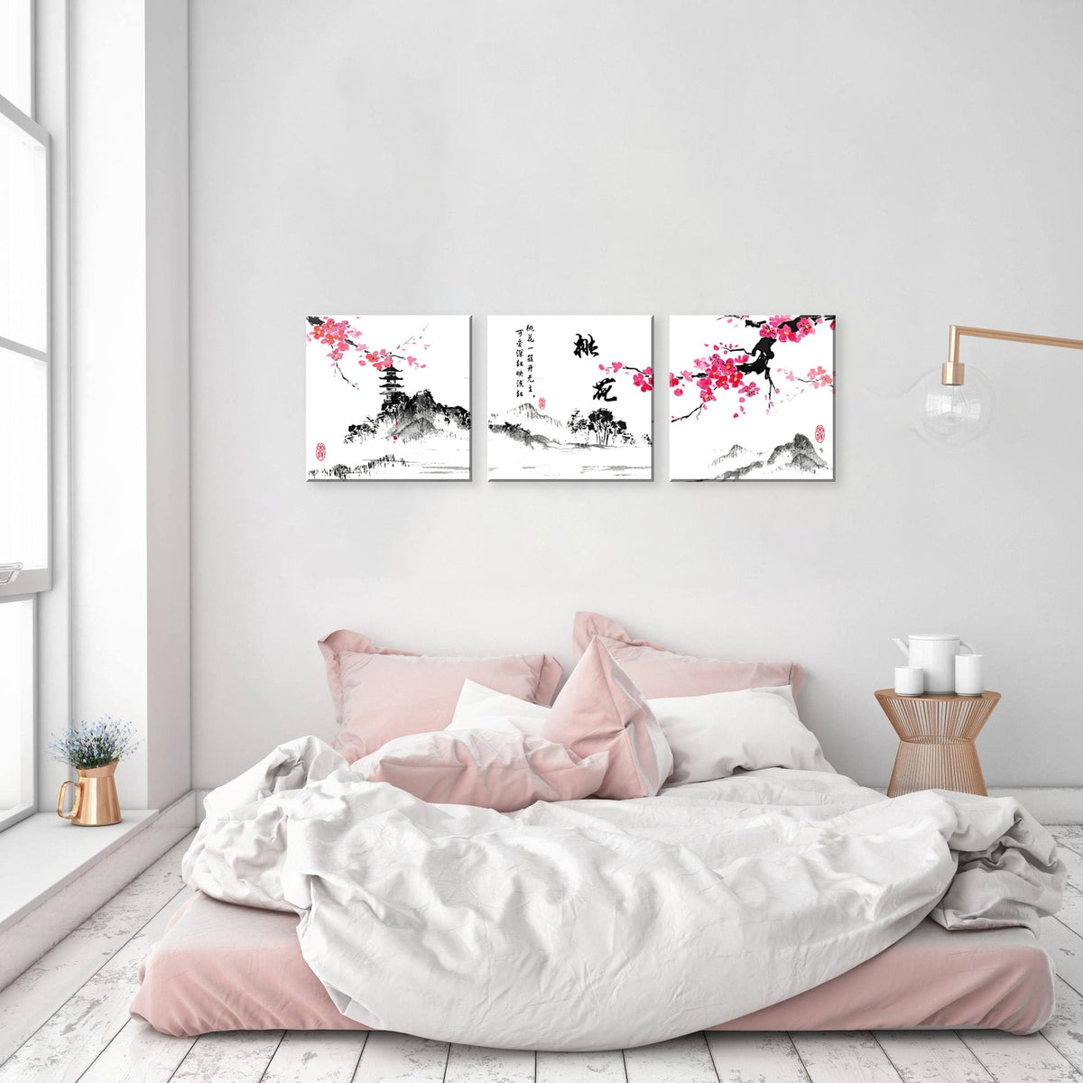 Small Size Traditional Chinese Painting of Peach Blossom Canvas Prints 3 Panels Calligraphy Art Paintings Wall Art Poem Print Painting Framed 20x20inches 3pcs (Peach blossom / 20x20 inches (3 pieces))