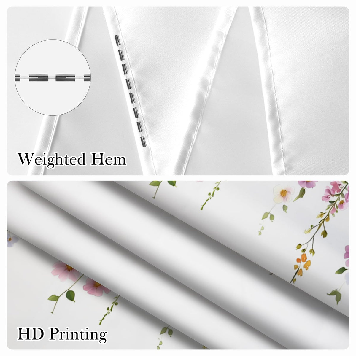 Drooping Flowers & Leaf Print Shower Curtain with Rings (Hanging Flower)