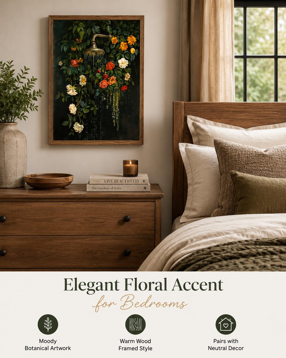 Wood Framed Funny Botanical Bath Wall Art Vintage Shower Floral Wall Decor (Floral / 12"L x 16"W)