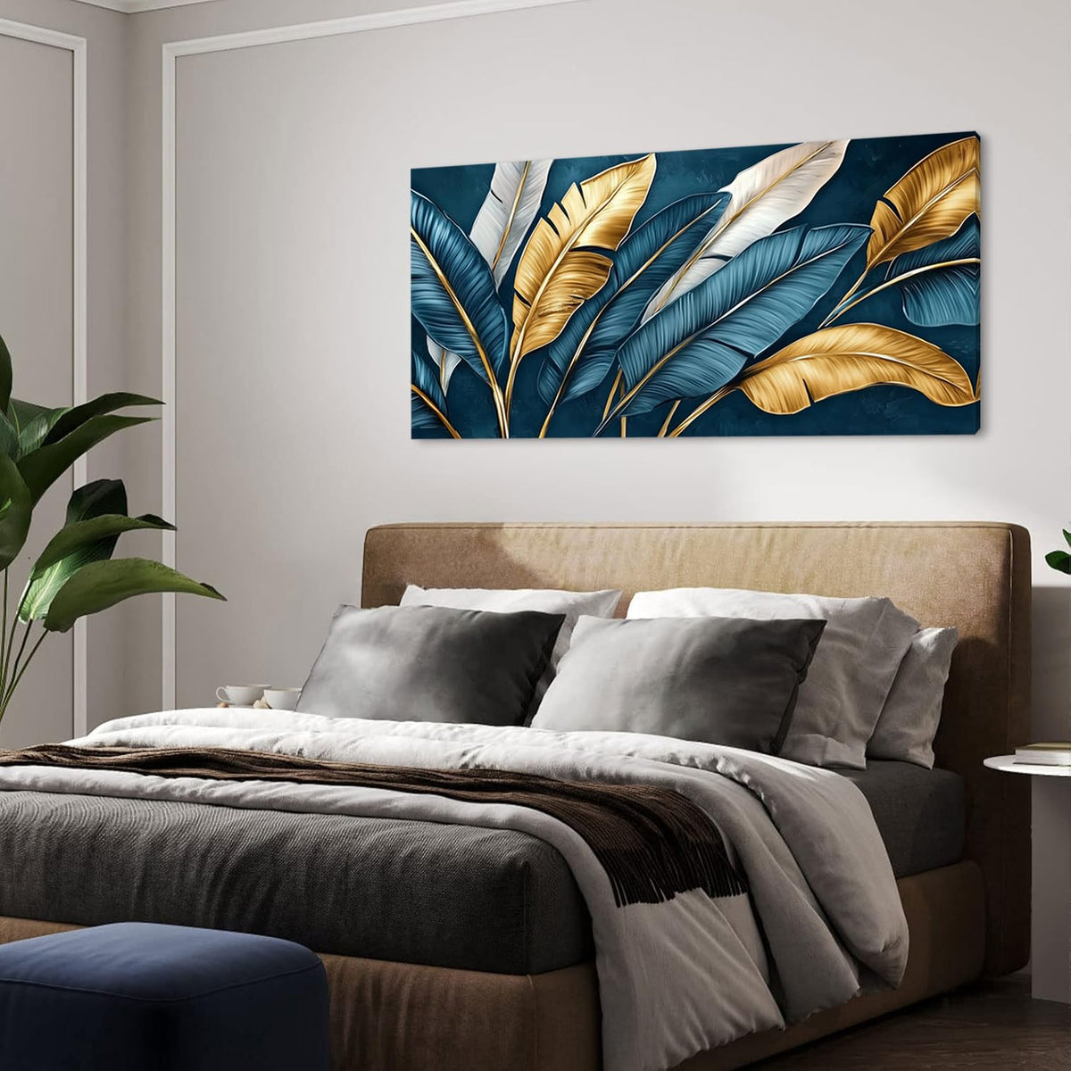 Navy Blue Tropical Leaf Wall Art for Bedroom Canvas Painting Prints Botanical Banana Leaves Nature Gold Modern Artwork Office Family Decor (40L" x 20W" / Gold and Blue Wall Art(k828))