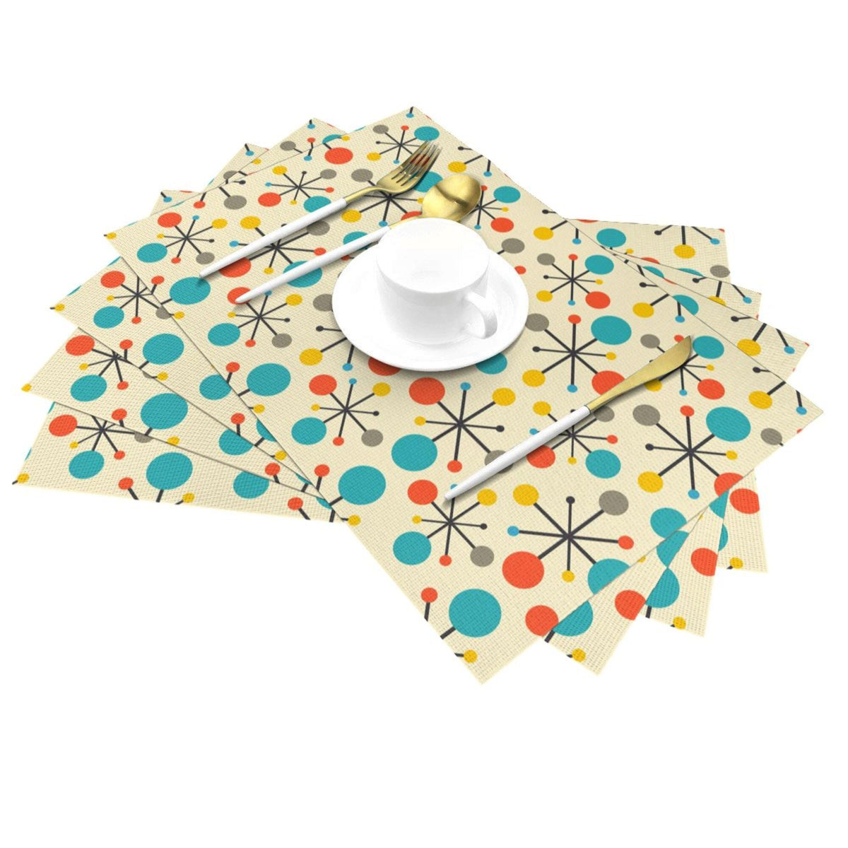 Mid Century Fifties Modern Atomic Retro Table Mats Set of 6 Linen Heat Resistant Washable Placemats for Party Farmhouse Home Kitchen Yellow Decorative 12x18 Inch (Mid Century Modern Atomic / 6pcs - 12x18inch)