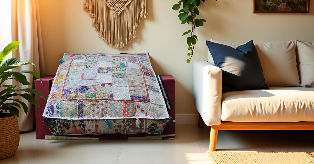 Indian Square Patchwork Traditional Pouf Cover Indian Living Room Poufs Decorative Embroidered Designer Ottoman Home Living Footstool Chair Cover Decor Pillow Cover 35 inches (35"D x 35"W x 5"H / Off White)