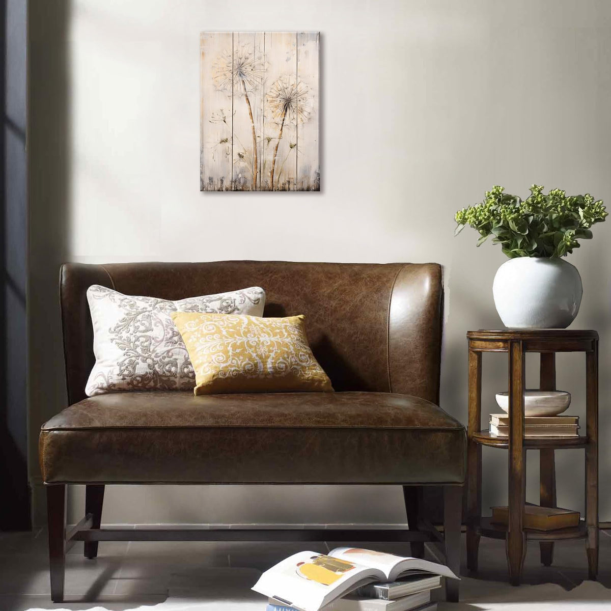 White Dandelion Wood Canvas Wall Art Rustic Home Decor Modern Home Decor for Living Room Home Bedroom Decoration Framed Ready to Hang12 x16 (16"L x 12"W / Dandelion)