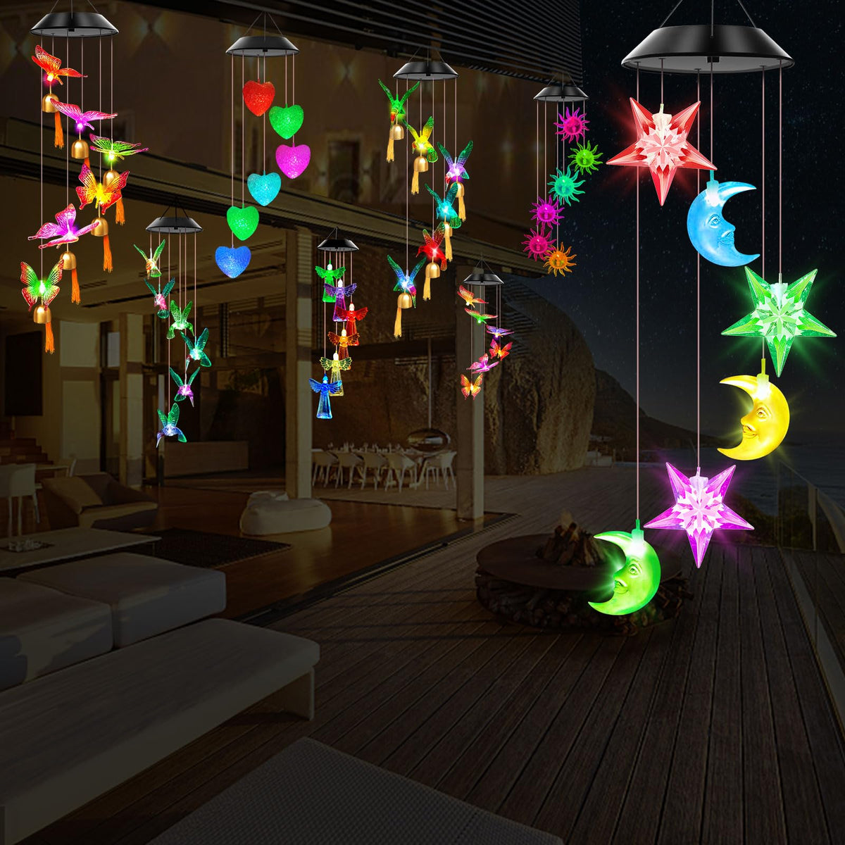 Star and Moon Solar Wind Chimes Color Changing Lights Outdoor