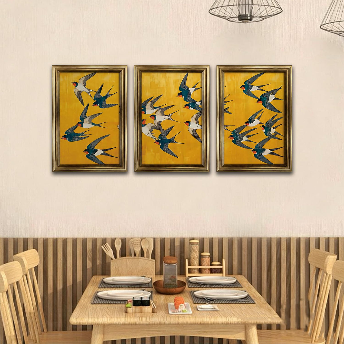Framed 3Pcs Japanese Swallow Canvas Wall Art (yellow wild goose / 16"L x 12"W)
