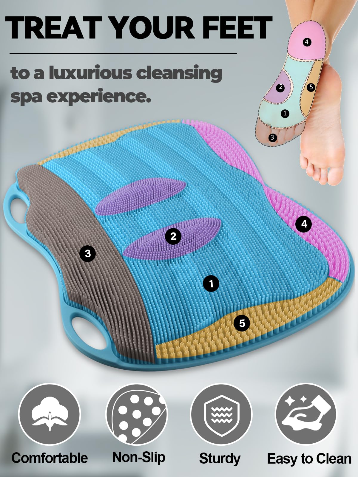 Silicone Shower Foot Scrubber Mat with Non Slip Suction Cups (Blue)