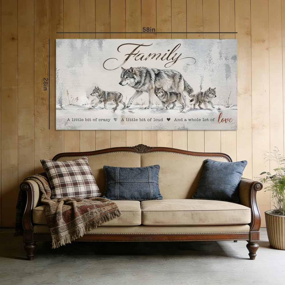 Wolf Family Canvas Wall Art Rustic Farmhouse Winter Wildlife Painting with Inspirational Quote Flat Print Gallery Wrapped Artwork for Living Room Bedroom Bathroom Decor (Retro / Wolf Family 30 / 46"L x 23"W)