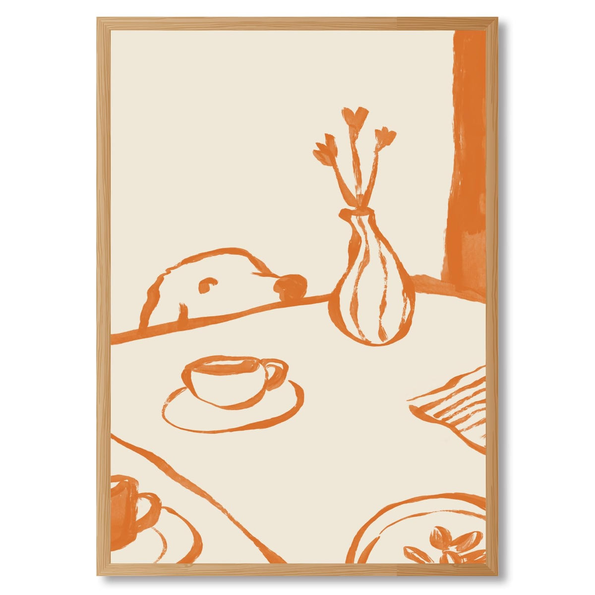 Framed Sneaky Dog Breakfast Wall Art Abstract Funny Scandi Diner Canvas Posters Minimalist Orange Painting Prints Animal Sketch Pictures Artwork for Kitchen Nursery Coffee Bar Decor 12x16inch (12"L x 16"W / Dog - Wood Frame)