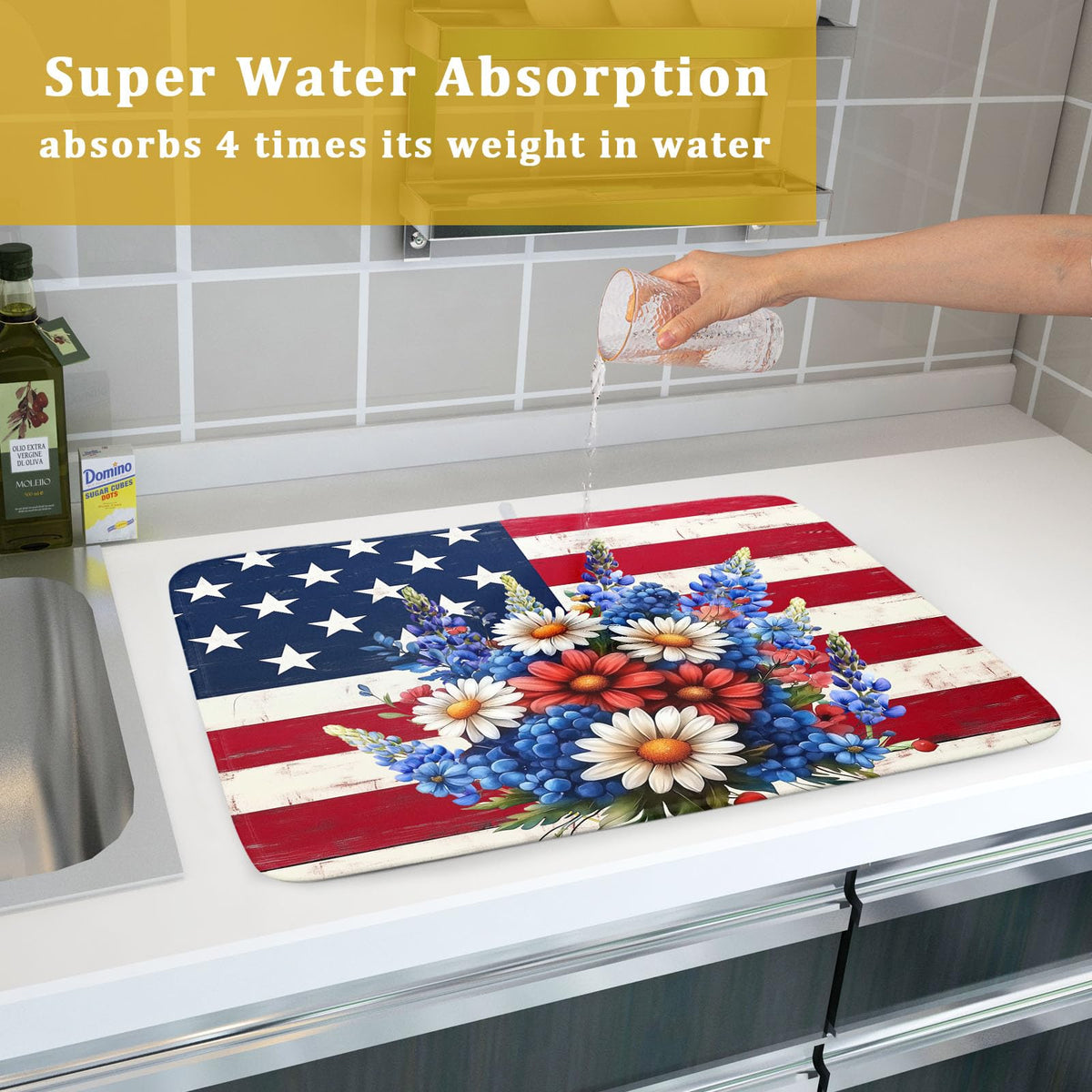 4th of July Patriotic Flower Dish Drying Mat for Kitchen Counter (Patriotic Flower / 18" x 24")