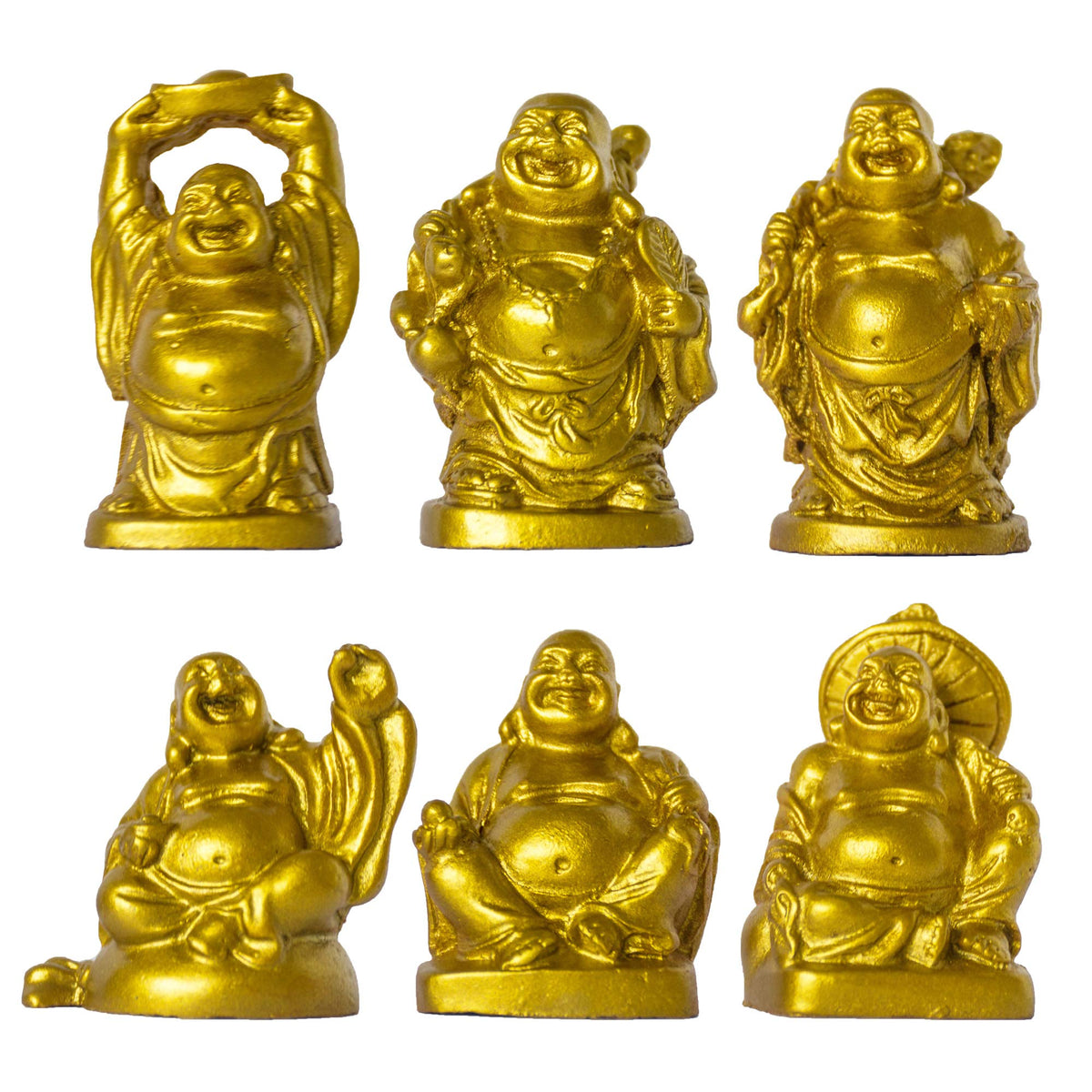 Set of 6 Laughing Happy Buddha Statue Resin Figurines Feng Shui for Luck Wealth Good Gift and Collection (Gold / 2'')