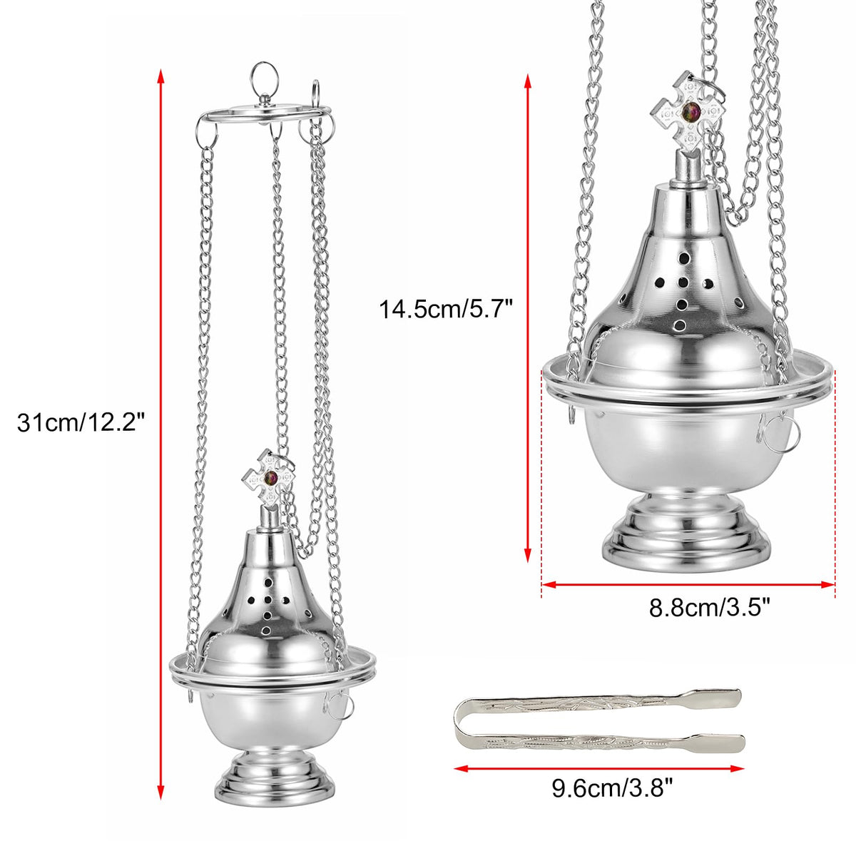 Vintage Hanging Charcoal Incense Resin Burner with Chain and Tongs (Silver)