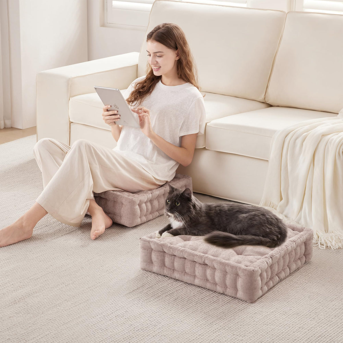 Floor Pillow Large Cushion for Meditation (Square Blush / 20"W x 20"L x 5"H)