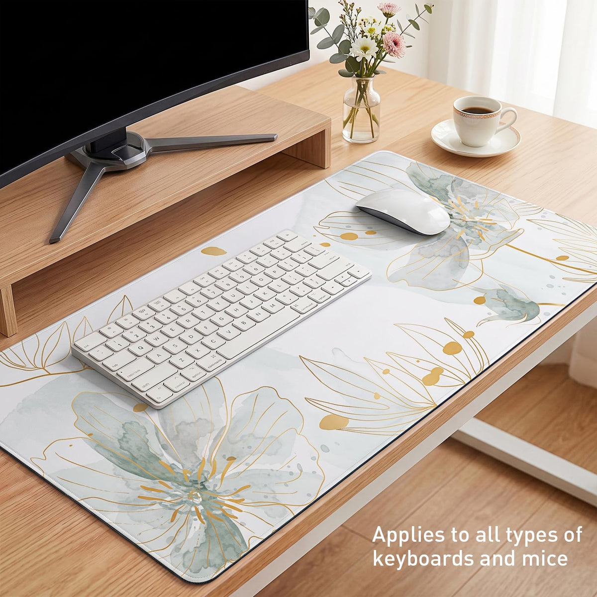 Green Desk Mat (Dusty Green Watercolor Floral / 35.4" x 15.7")