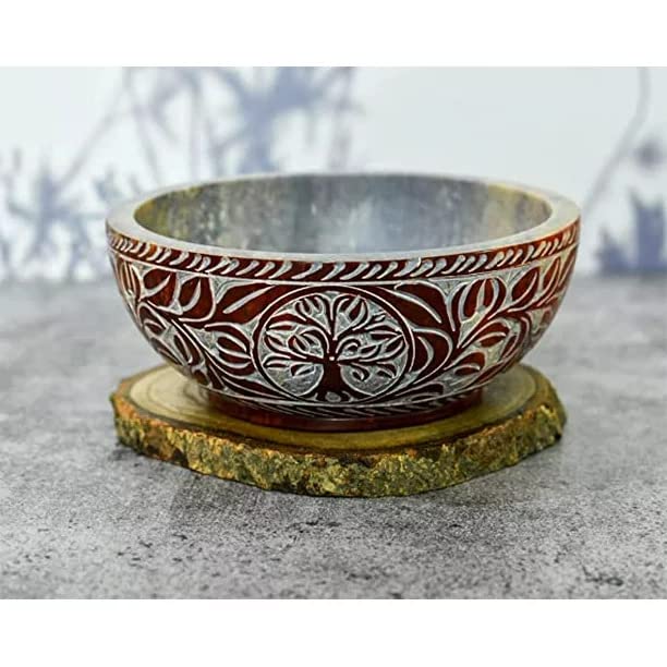 Soapstone Scrying And Smudge Bowl Pot Tree of Life Design Handmade Household Kitchen Table Decorative Gift 5 Inch (Tree of Life)