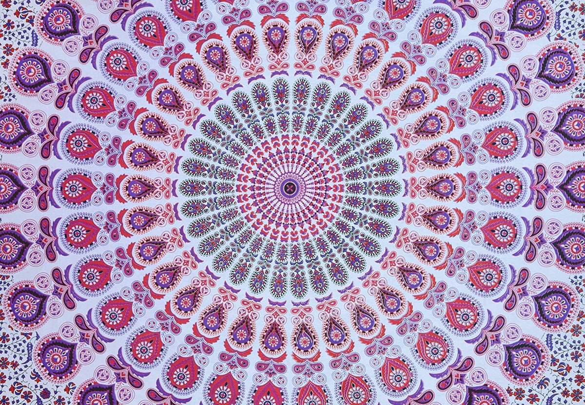 Tapestry Wall Hanging Hippie Mandala Bohemian Hippy Psychedelic Design Indian Peacock Meditation Gypsy Tapestries Bedspread 30 x 40 Inches (40"L x 30"W / White - Pink)