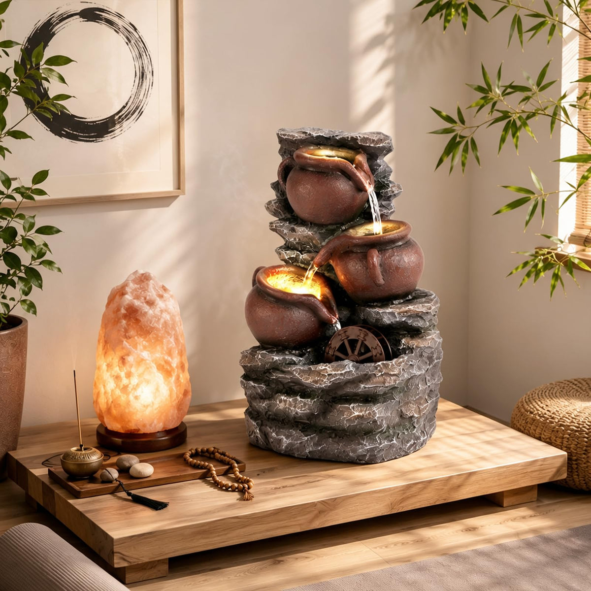 Tabletop Fountain Warer Fountains Indoor Waterfall Fountain Indoor Relaxing Water Feature Meditation Fountains with LED Warm Light & Water Spinning Wheel for Home Office Bedroom Decor (Brown)
