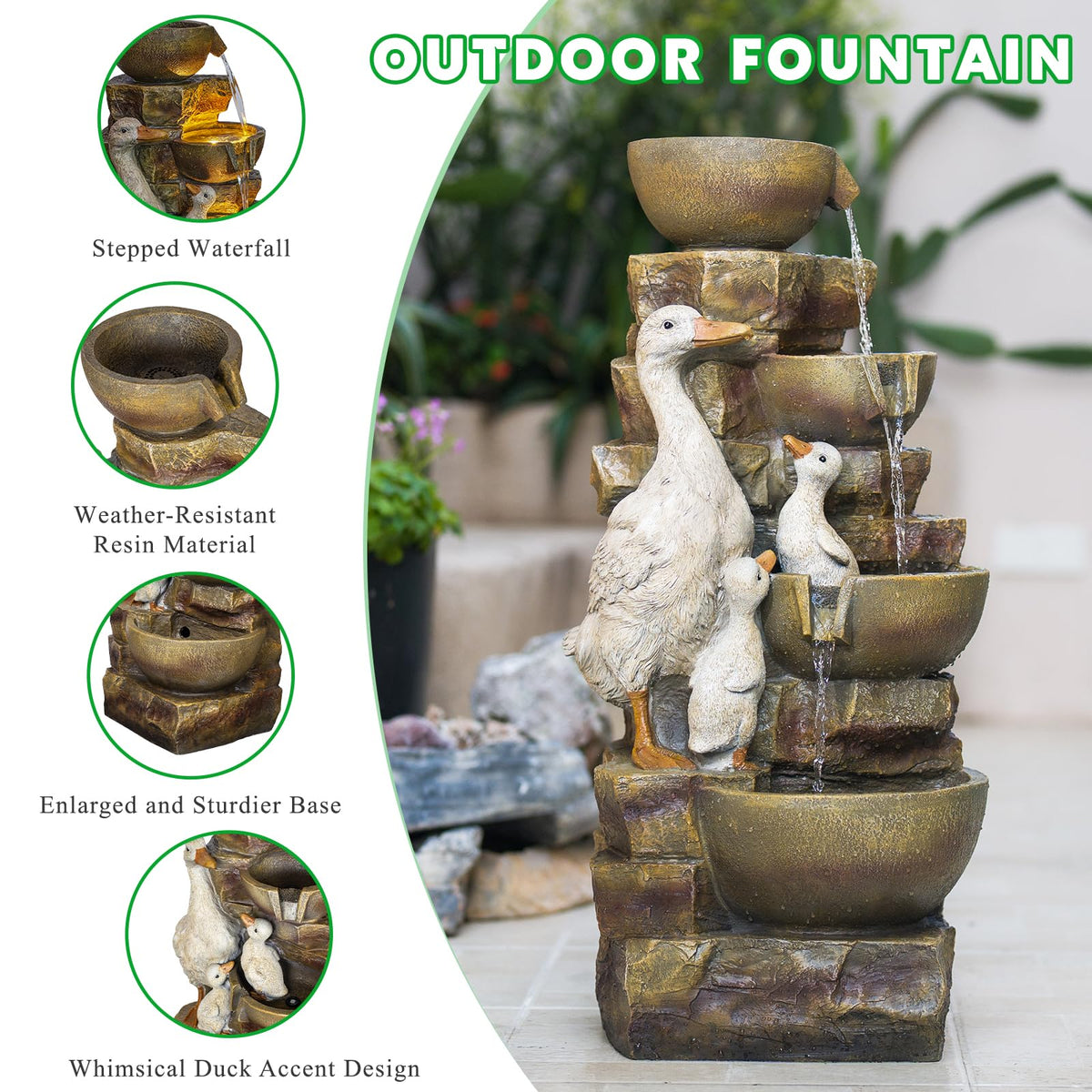 Duck Family Outdoor Water Fountain (Duck Family With Bowls)