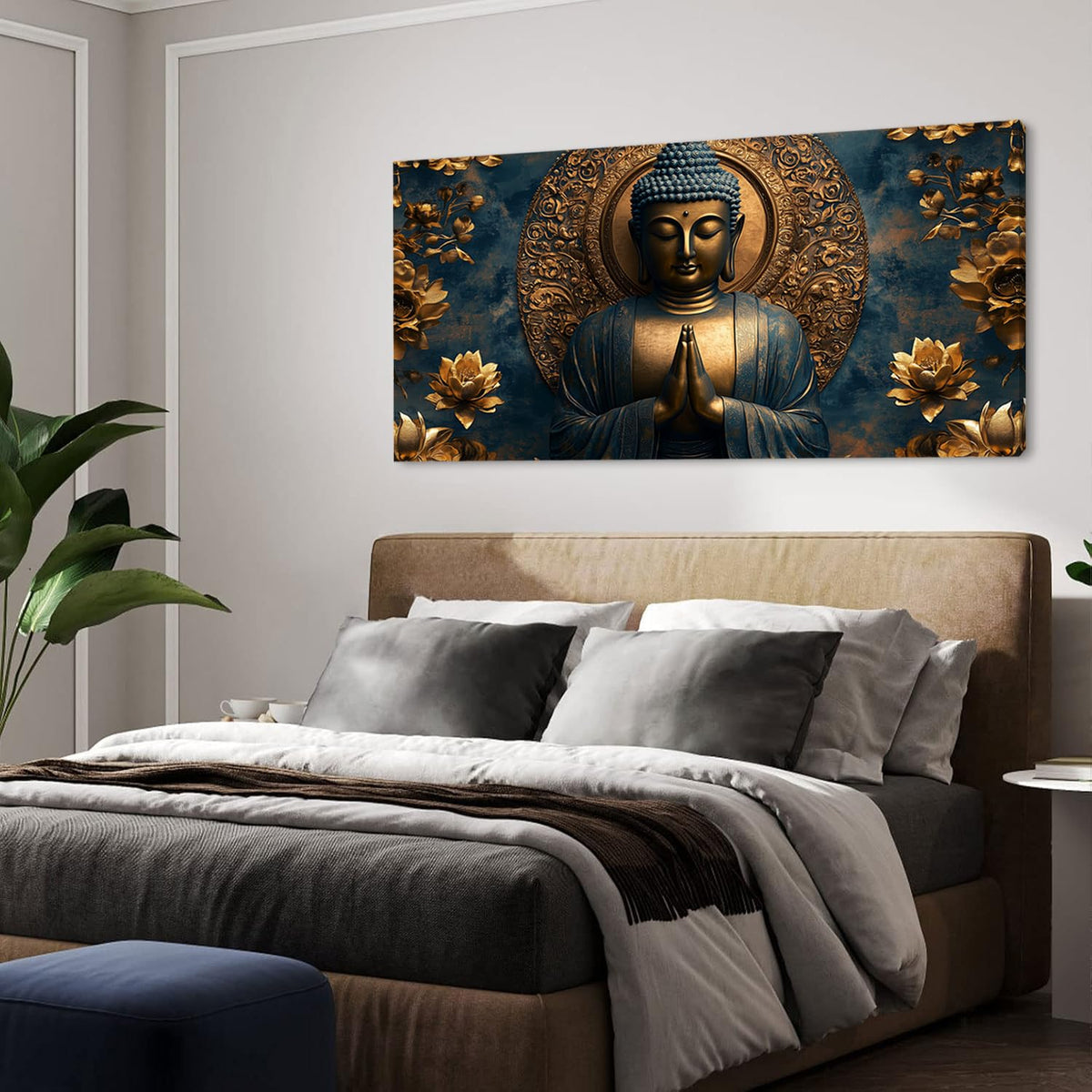 Zen Brown and Gold Buddha Wall Art for Living Room Office Religion Art Deco Blue Background Painting Prints Fantasy Canvas Artwork Over the Couch Bedroom Decor Large (46"L x 23"W / Brown and Gold Wall Art (K871))