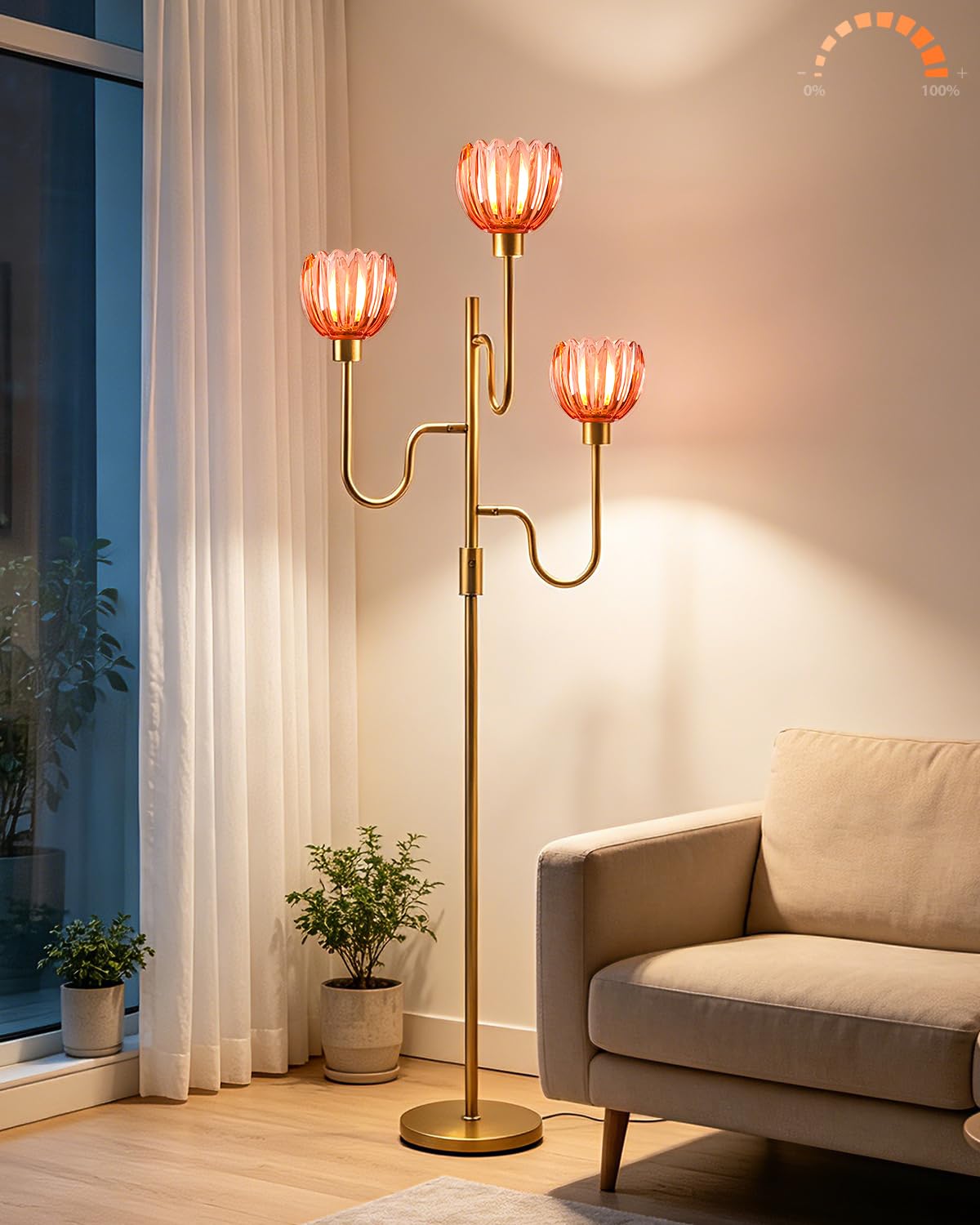 Dimmable Red Glass Floor Lamp Mid Century Modern Gold Floor Lamps with Warm White Bulbs Included 3 (3 Red Tulip-Gold)