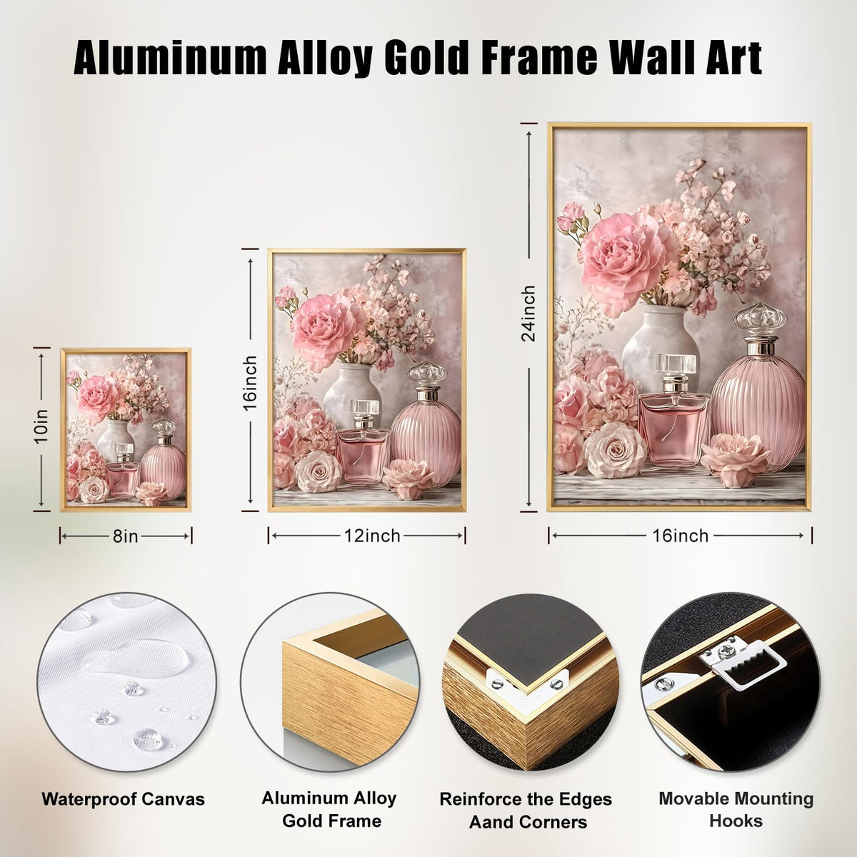 Gold Framed Pink Roses Flower Canvas Wall Art Perfume Bottle Picture (Pink Roses Flowers / 16"L x 12"W)