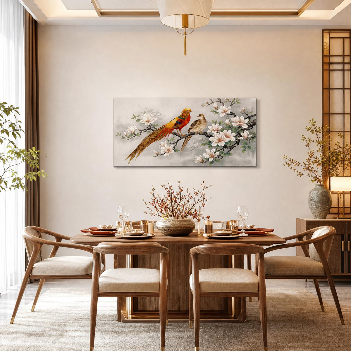 Oriental Golden Pheasant Canvas Wall Art White Magnolia Chinoiserie Painting Flat Print Gallery Wrapped Asian Bird Artwork for Living Room Bedroom Bathroom Decor (Wildlife / White Golden Pheasant Couple 26 / 40"L x 20"W)
