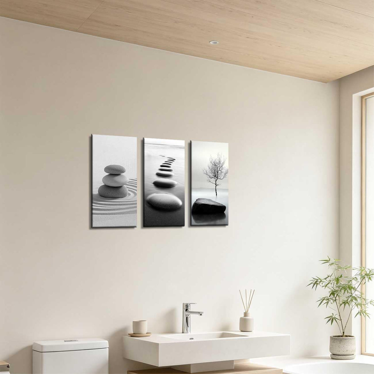 Set of 3 Black White Zen Bathroom Canvas Wall Art Prints Zen Stones in the Water Pictures White Lotus Poster Yoga Meditation Artwork Spa Room Decor (Beige / 40x20inx3 Pieces)