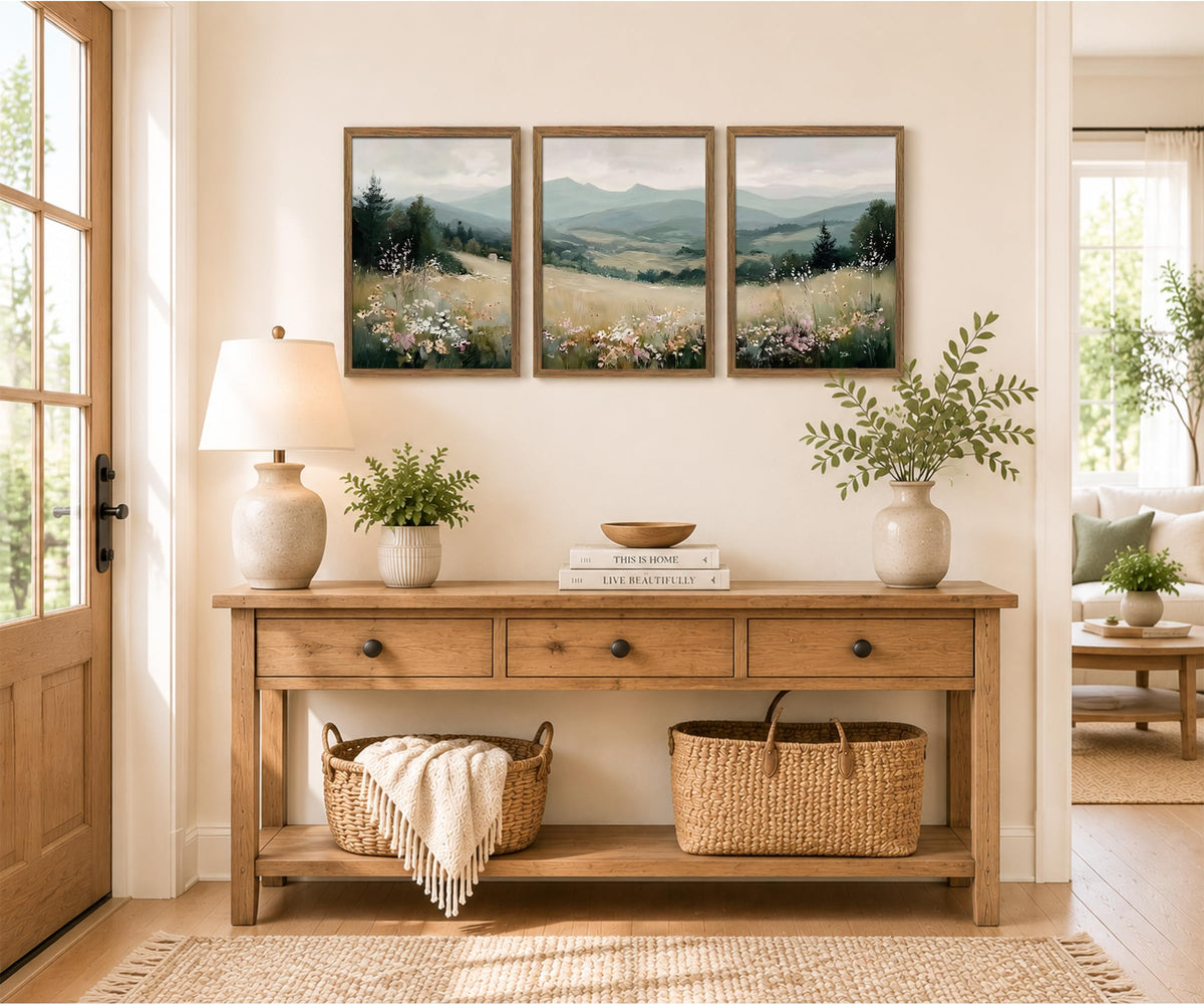 Minimalist Mountain Triptych Wall Art Set of 3 (MountainFlower / 16x24 Inch)