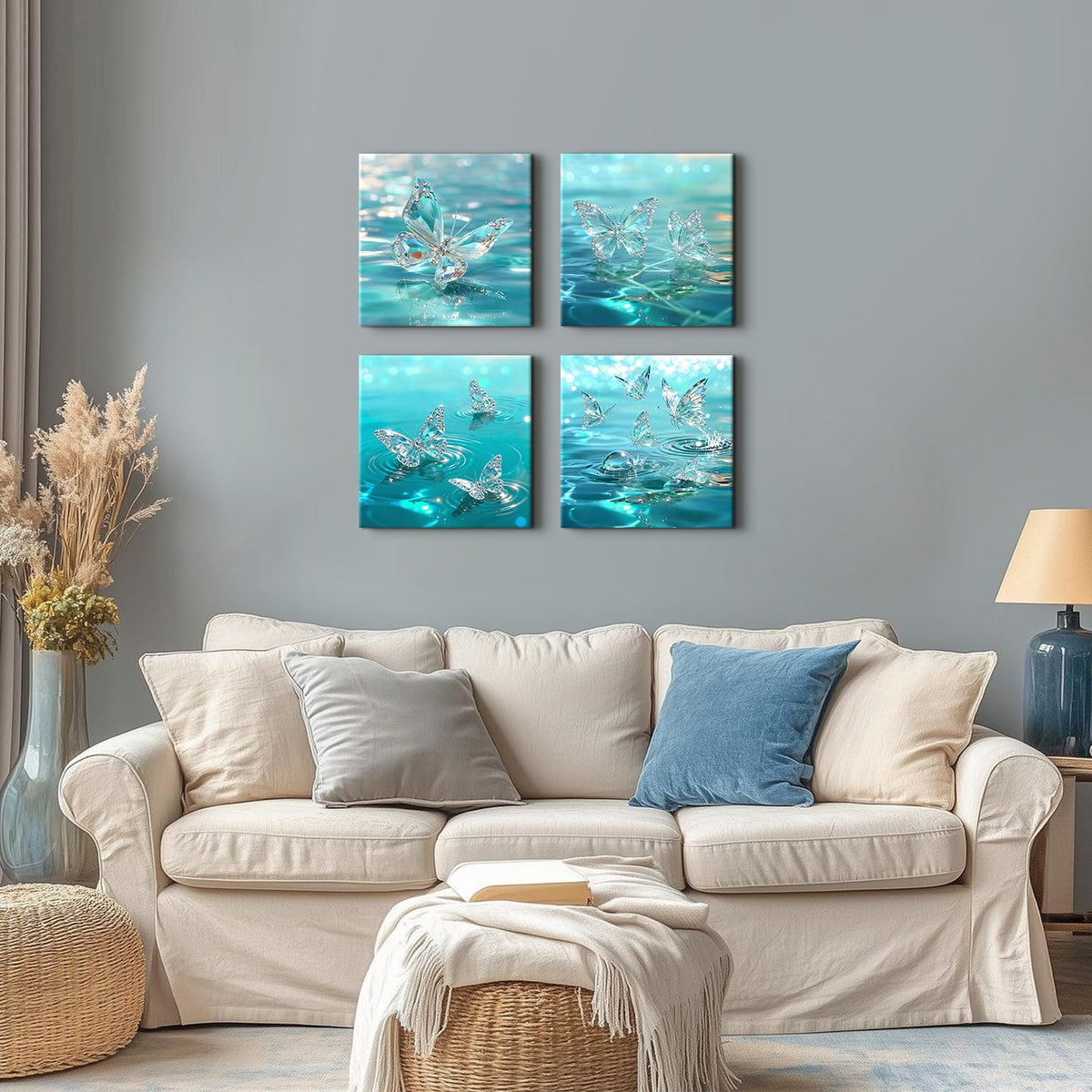 Teal Butterfly Wall Art Turquoise Pictures for Bedroom Decor Crystal Butterflies Wall Decor Blue Butterfly Posters Prints Water Scenery Paintings Artwork Living Room Home Decorations 12x12” (12"L x 12"W / Butterfly02)