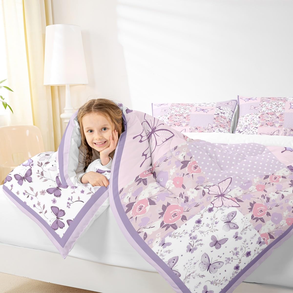 Girls Purple Butterfly Bedding Set Toddler 3 Pcs for Boys Girls (Multi 822 / Toddler)