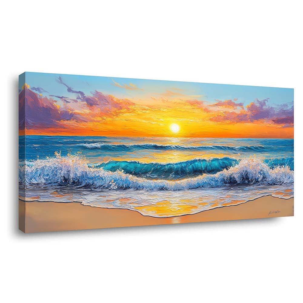 Modern Coastal Canvas Wall Art Beach Sunset Ocean Landscape Painting Flat Print Gallery Wrapped Nautical Farmhouse Home Artwork for Living Room Bedroom Bathroom Decor (Abstract / White Ocean Wave Sunset 16 / 58"L x 28"W)