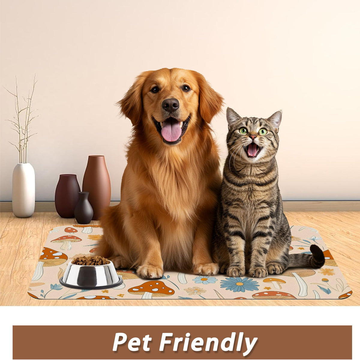 Cute Mushroom Flower Dog Cat Food Mat (12"L x 20"W / Cute Mushroom Flower)
