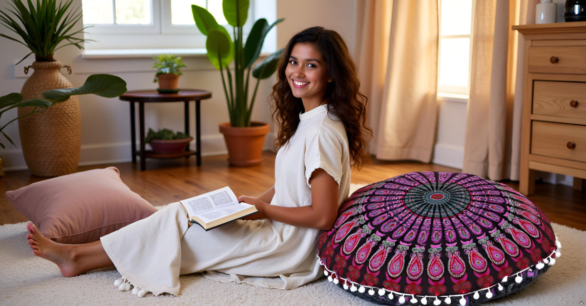 Large Hippie Floor Pillow Cover Mandala Meditation Cushion Case Pouf Cover Round Poufs Cover Bohemian Floor Cushion Cover Outdoor Fireplace Yoga Living Room Decor 32" Pink Mirchi (Pink Mirchi)