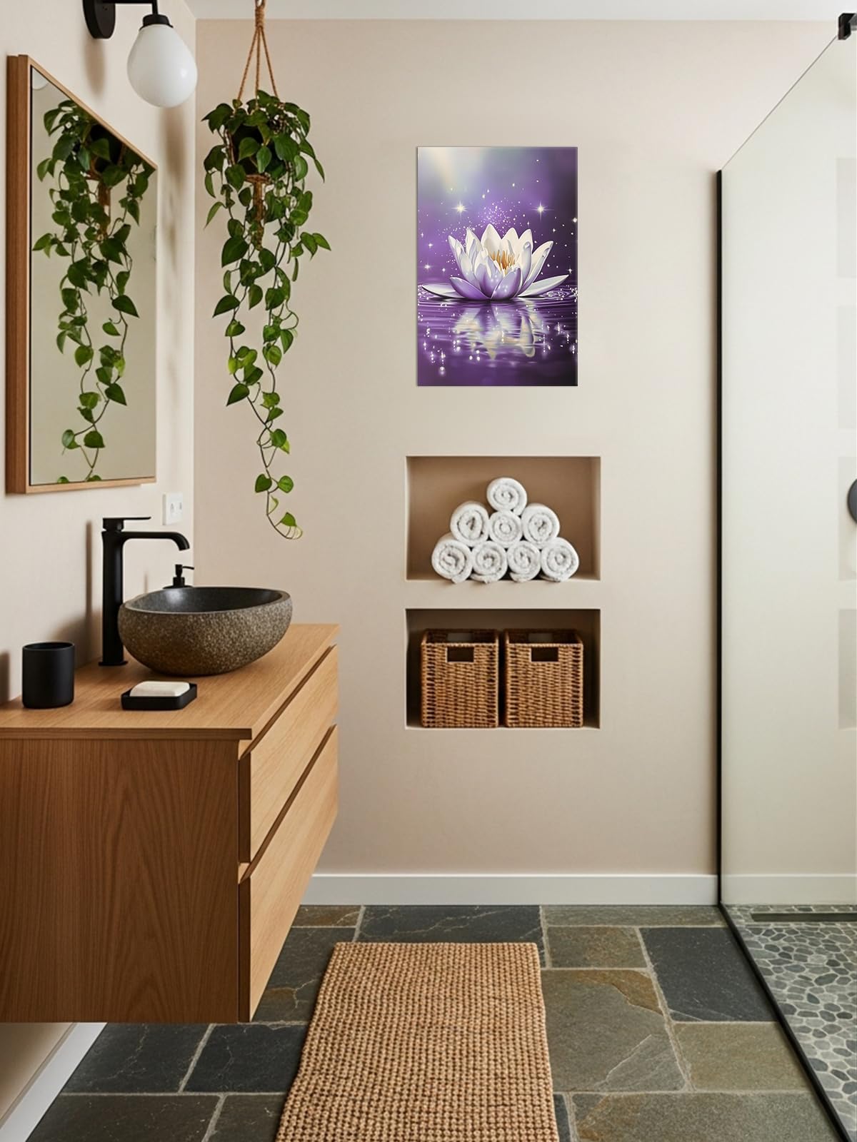 Lotus Flower Wall Art Zen Bathroom Decor Purple Picture Lotus Water Calm Canvas Prints Meditation Painting Modern Poster for Yoga Spa Room Living Room Office Decor Framed (B-Purple / 18"L x 12"W)