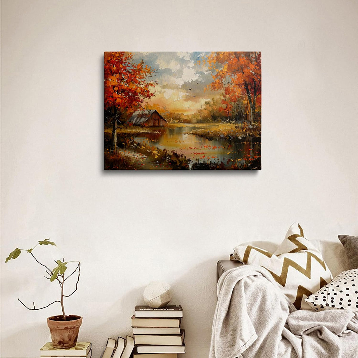 Canvas Wall Art Framed Vintage Autumn Countryside Pond Barn Orange Trees Wall Decor Cozy Rustic Country Landscape Prints Posters Painting Artwork for Bedroom Entryway Office Hallway Home 16x24 Inches (Autumn Landscape / 24"L x 16"W)