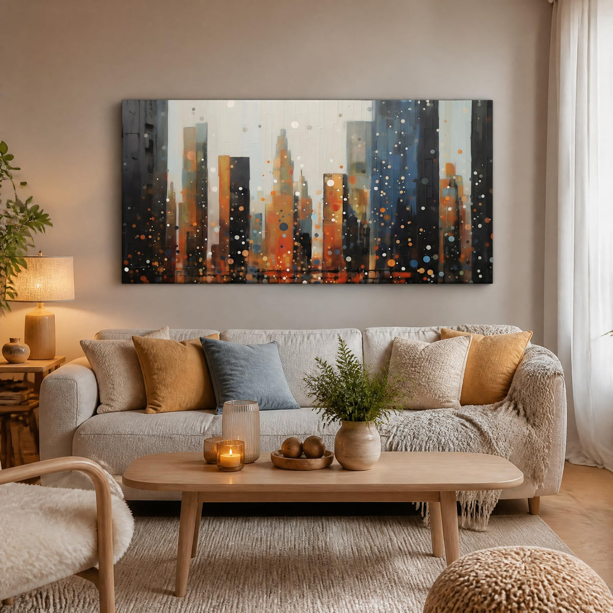 Abstract City Skyline Canvas Wall Art Modern Urban Night Landscape Painting Flat Print Gallery Wrapped Artwork for Living Room Bedroom Bathroom Decor (Abstract / Black Cityscape 34 / 40"L x 20"W)