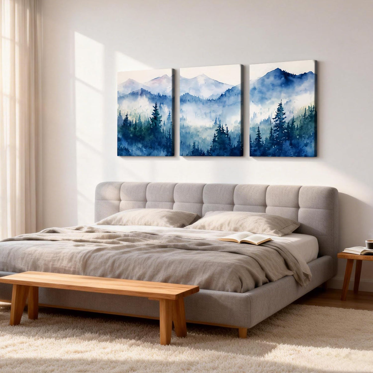3 Pcs Watercolor Natural Misty Mountain Forest Canvas Wall Art (Watercolor Landscape Wall Art / 16"L x 12"W)