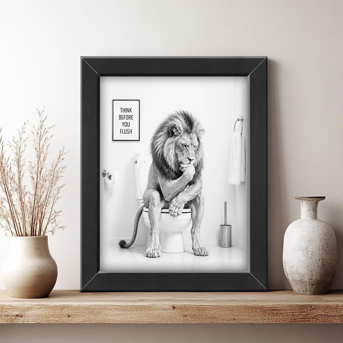 Funny Bathroom Wall Art Framed Lion Bathroom Decor (Framed Bathroom Art 8 / 16"L x 12"W)