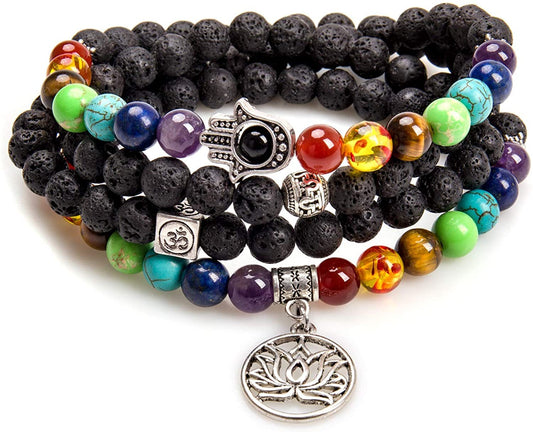 108 Mala Beads Necklace 7 Chakra Tree of Life Pendant Prayer Buddha Bracelets Healing Stone Yoga Men Women Jewelry (Natural lava beads)