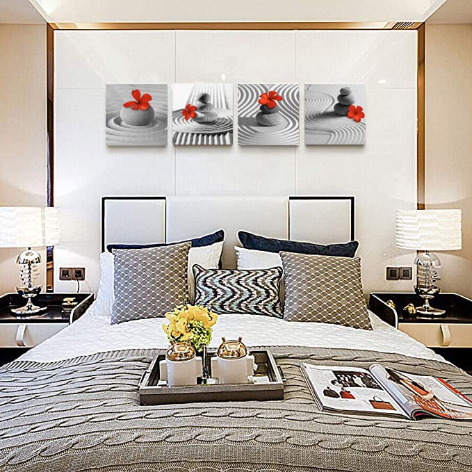 Bathroom Decor Zen Decor Gray Wall Art Red Floral Wall Pictures Black and White Wall Art Flower Zen Stone Sand Pebble Canvas Print Artwork for Bedroom Living Room Home Wall Decoration (zen red grey / 12"L x 12"W x 4 pcs)