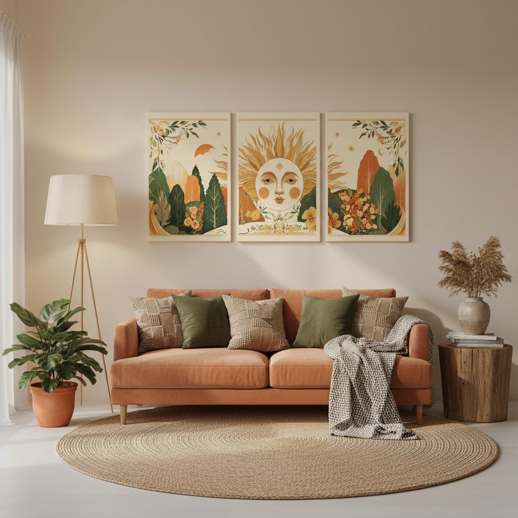 3Pcs Boho Sun Forest Canvas Wall Art (Sun / 16"L x 12"W)
