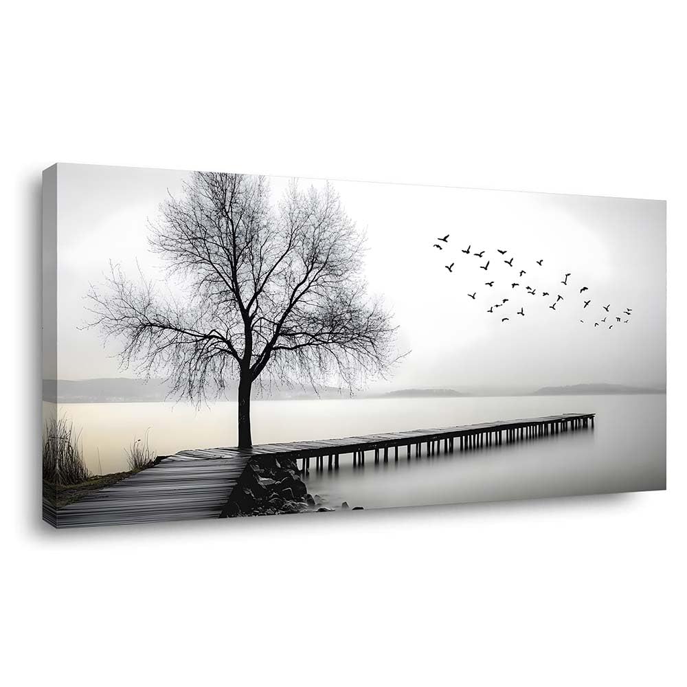 Black and White Lake Pier Canvas Wall Art Bare Tree Flying Birds Minimalist Landscape Painting Flat Print Gallery Wrapped Artwork for Living Room Bedroom Bathroom Decor (Mysterious / Black Lake Pier 6 / 40"L x 20"W)