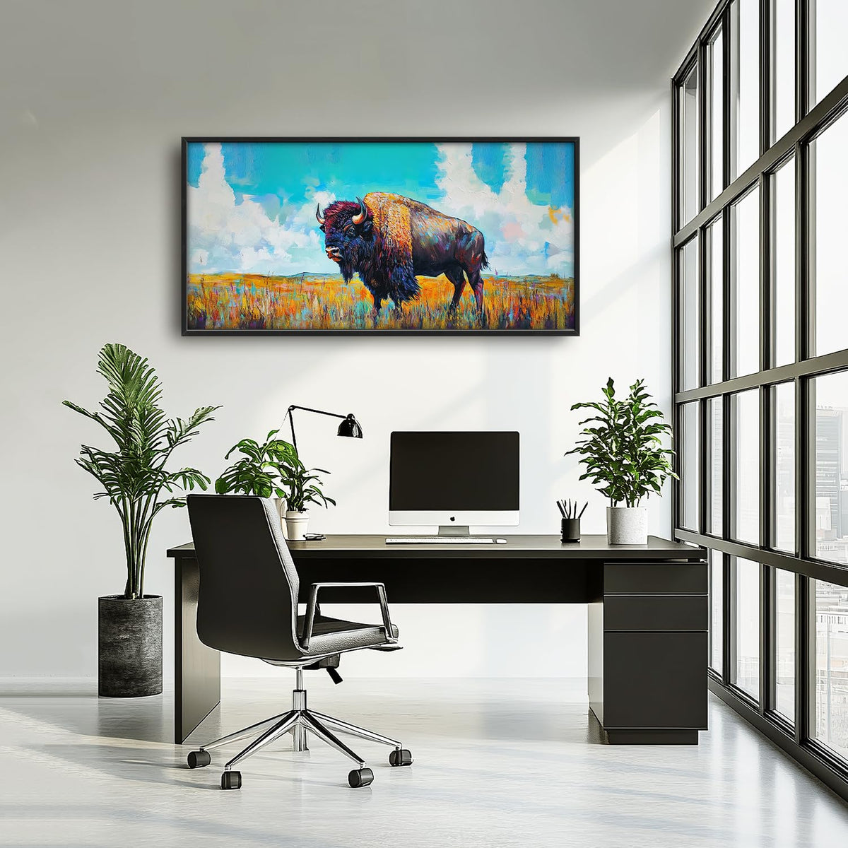 Extra Large Colorful Western Bison Framed Wall Art for Living Room (60"L x 30"W / Colorful Bison)