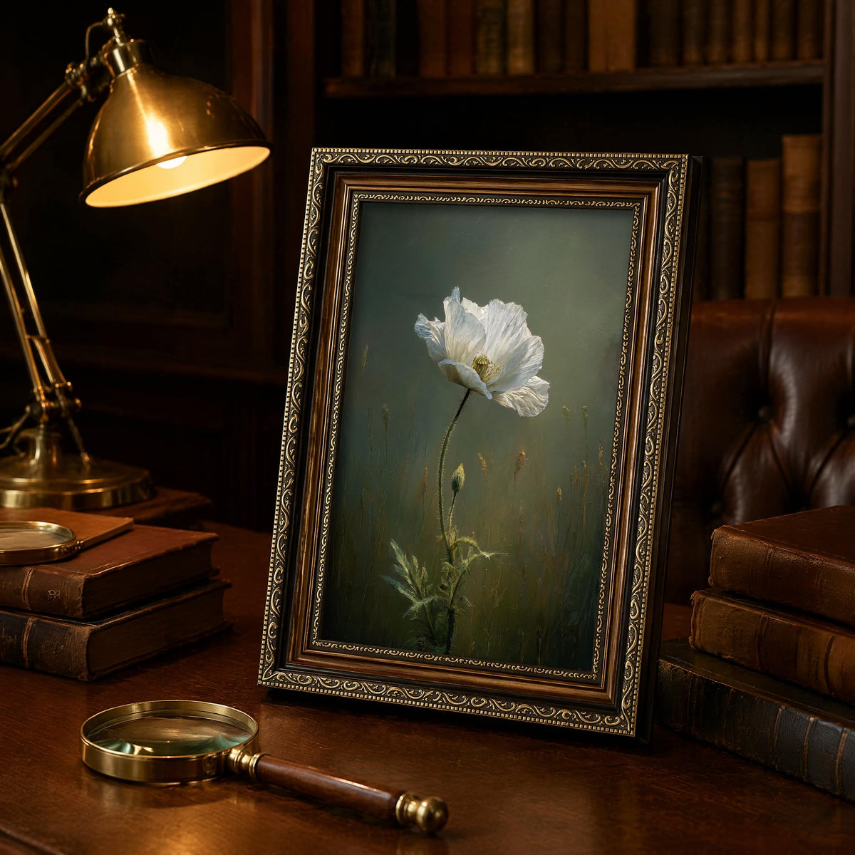 Vintage Poppy Flower Framed Wall Art White Floral Wall Decor (White poppy / 11"L x9"W)