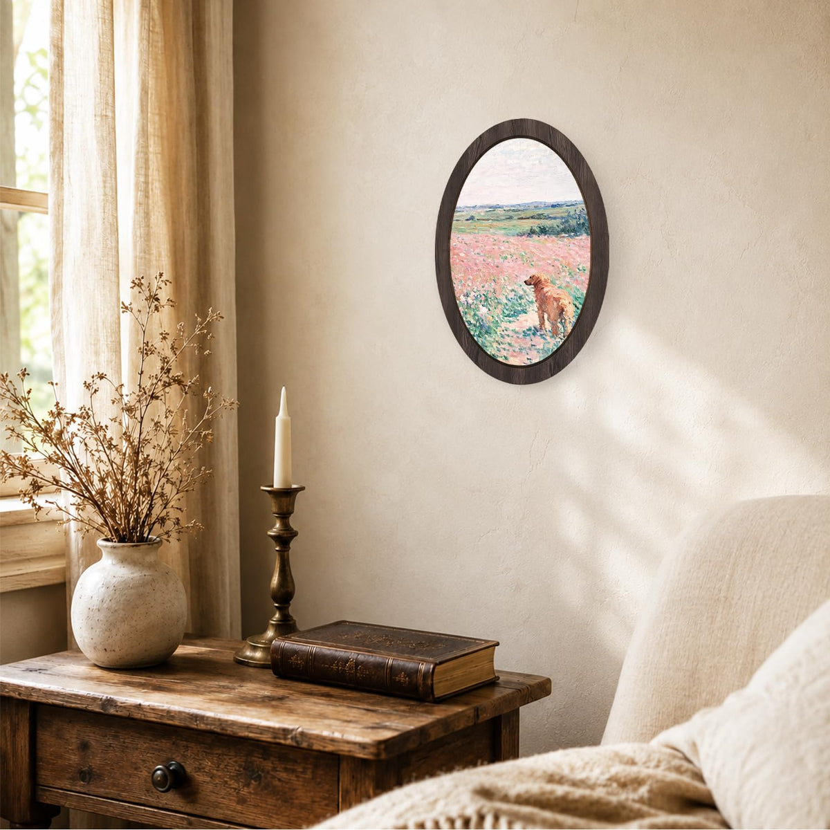 Monet Inspired Pink Floral Golden Retriever Dog Oval Wall Art (field dog)