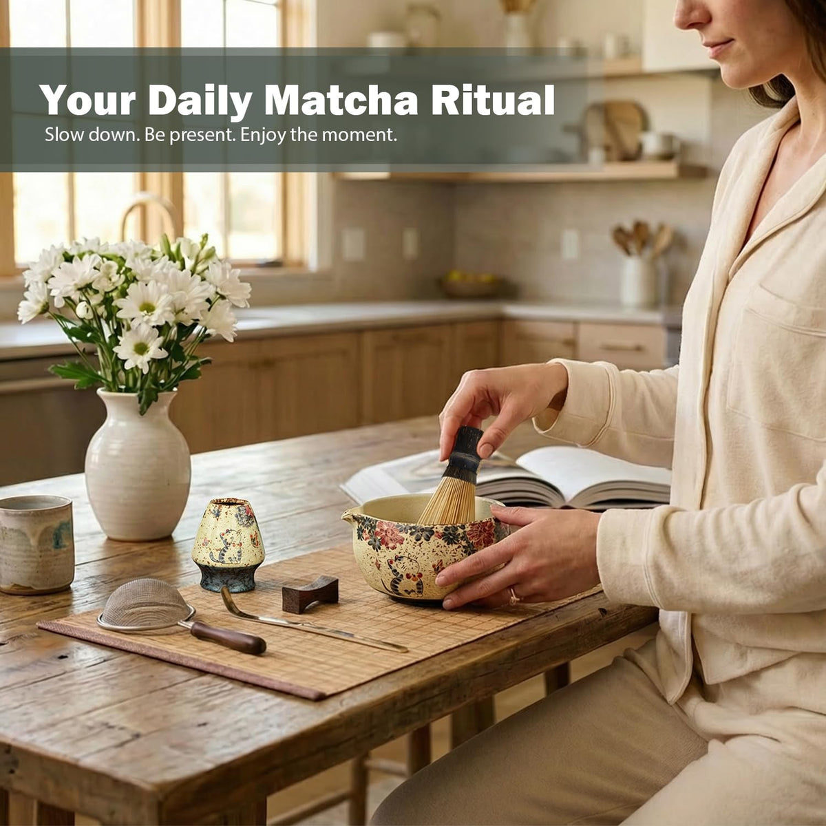 Matcha Set, 7-Piece Matcha Whisk Set with Bowl & 100-Prong Whisk (Beige-Kitten)
