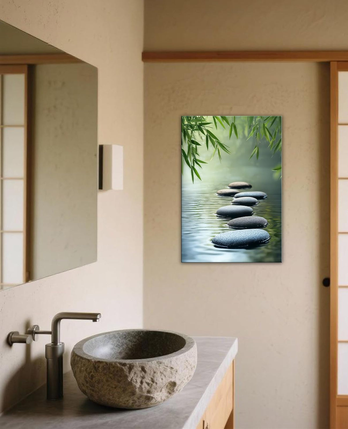 Zen Canvas Wall Art Spa Stone in Water Picture Green Bamboo Painting Zen Meditation Calming Home Decor for Living Room Bathroom (Artwork-3 / 18"L x 12"W)