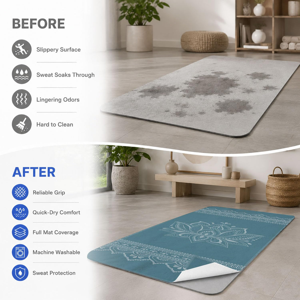 Yoga Mat Towel (Blue Flower-01 / Small)