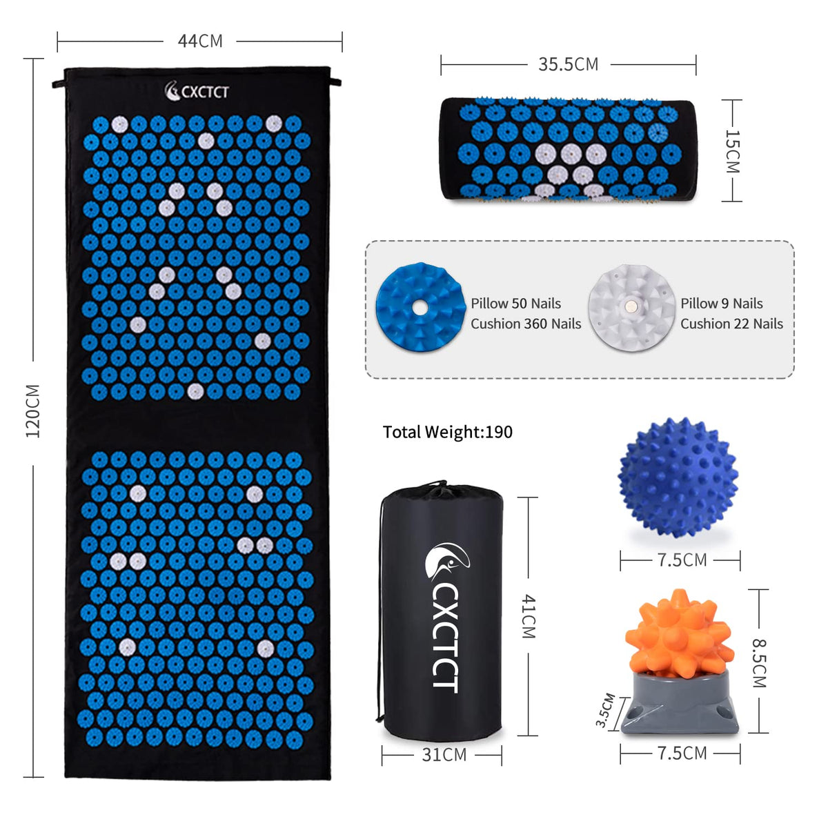 Extra Long Yoga Acupressure Mat Set (Blue)