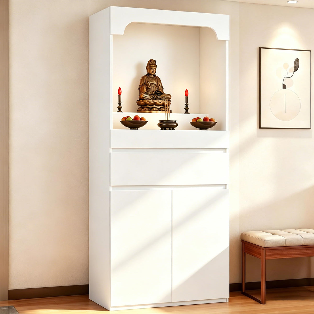 Altar Table Pooja Cabinet with Drawers and Storage Cabinets (15.7×15.7×65.4in / White)